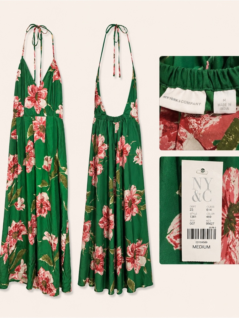 New York & Company Green Floral Maxi Dress with Pink Blooms